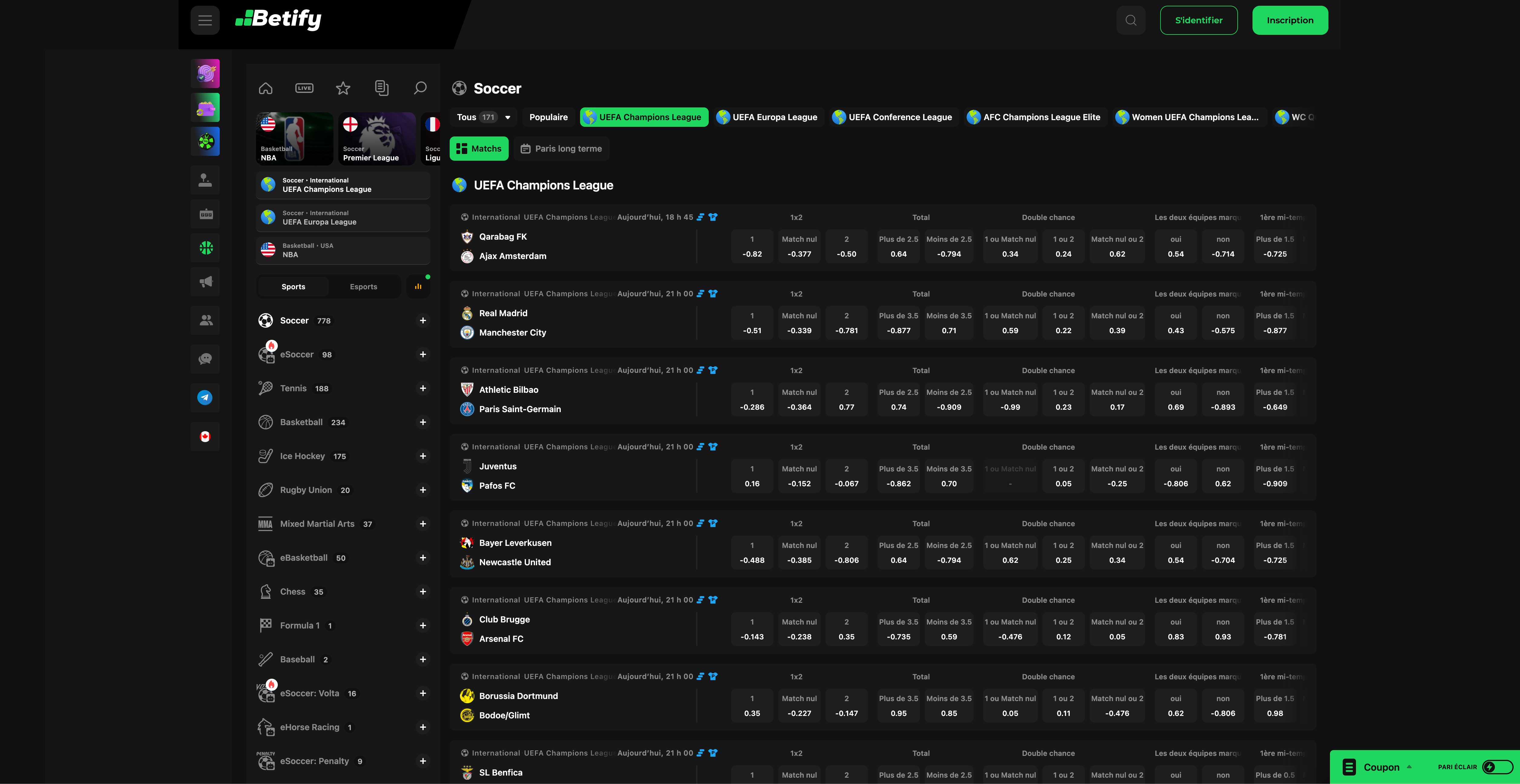 Paris sportifs Betify - Cotes compétitives sur football, tennis, basketball et e-sport avec cash out et paris en direct